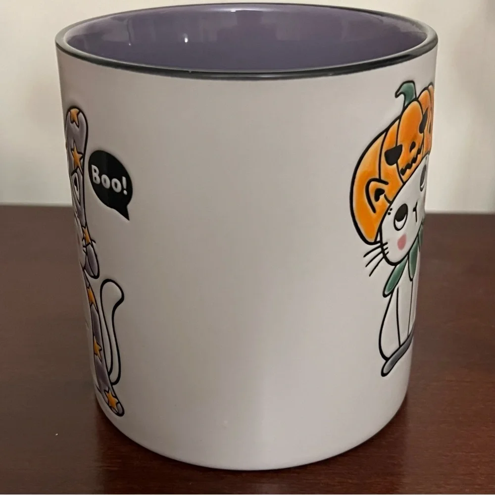 Mug 18 oz Cats Spooky pumpkin witch mug Halloween purple interior NWOT